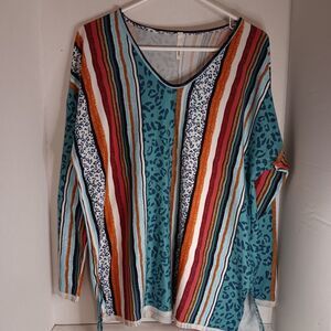 Lillypad Long Sleeve V-neck Top Striped And Animal Print Size 2XL